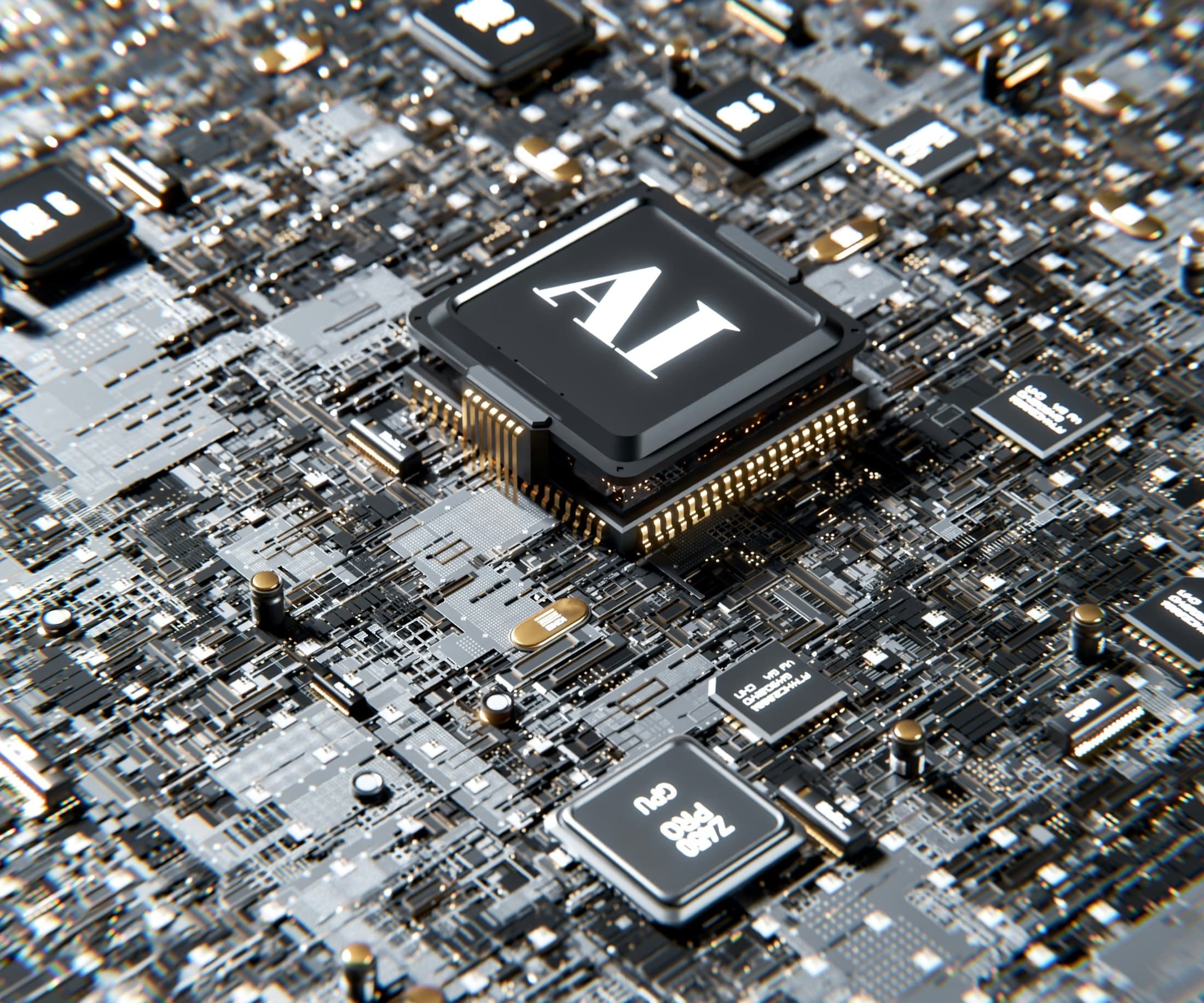 A processor labeled AI at the center of a dense circuit board